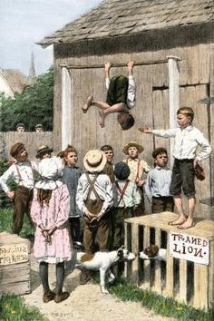 an illustration of a boy jumping off a building into the air with other boys standing around him