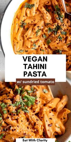 vegan tahitii pasta with sundried tomato sauce in a white bowl