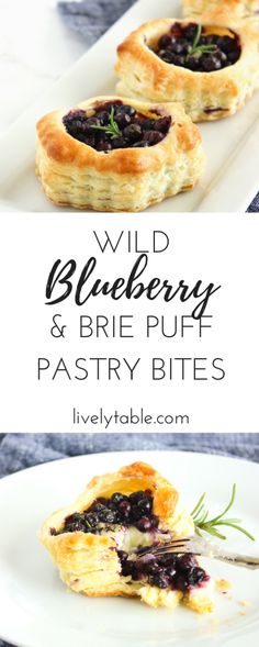 wild blueberry and brie puff pastry bites on a white plate