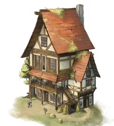 a drawing of a house with a red roof and brown shingles on the top