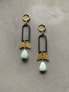 18k gold plated lever back earrings with black brass, tarnish resistant brass and amazonite. 3” length. Mixed Metals Jewelry, 2024 Jewelry, Favorite Makeup Products, Mixed Metal Jewelry, Earrings Diy, Earring Ideas, Funky Jewelry, Nose Rings, Upcycled Jewelry