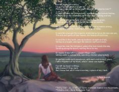 a woman sitting on top of a rock next to a tree with a poem written in it