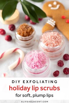 DIY Holiday Lip Scrubs. Learn how to make 4 simple Christmas lip scrub recipes for soft lips! Includes delicious winter flavours: peppermint candy cane, gingerbread, cranberry and spiced orange. These moisturizing and plumping recipes are made with natural ingredients like sugar, coconut oil and essential oils. Also makes an easy homemade gift! #lipscrub #alifeadjacent #sugarscrub #diybeauty Diy Sugar Scrub Cubes, Diy Sugar Cookies, Gloss Diy, Scrub Homemade, Pamper Night, Sugar Scrub Cubes