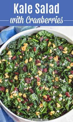 kale salad with cranberries in a white bowl on a blue and white towel