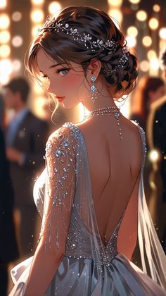 the back of a woman's dress with pearls on her head and shoulders, as she