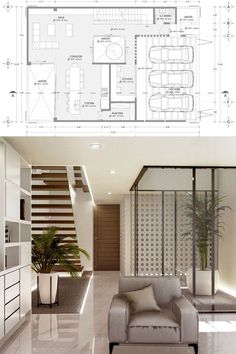 a drawing of a living room and kitchen with stairs to the second floor, next to a couch that has pillows on it