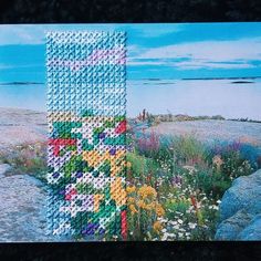 there is a crocheted object on the ground next to some rocks and flowers