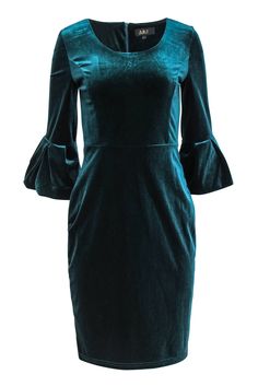 Current Boutique-ABS Collections - Dark Teal Velvet Bell Sleeve Sheath Dress Sz 6 Green Velvet Dress For Fall, Elegant Velvet Dress For Date Night In Winter, Green Velvet Fall Dress, Fitted Bell Sleeve Dress For Fall, Elegant Green Velvet Dress For Fall, Elegant Blue Christmas Dress, Fitted Velvet Dress For Date Night Holiday, Fitted Velvet Dress For Holiday Date Night, Elegant Blue Velvet Dress