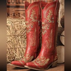 Wide Calf Knee High Western Cowgirl Boots, Rhinestone Retro Country Boots With Classic Embroidery Pointed Toe Chunky Heel Pull On Vintage Tall Boots Boutique Brand Shoes !!*Please Note*!! *This Is A Pre-Order Item And Requires A Longer Than Usual Shipping Time. Please Allow 7-14 Business Days Before Shipping.* Please Consider This Time Frame Before Placing Your Order. Thank You For Your Patience And Understanding, As This Helps Us Manage Our Inventory Levels And Creates Less Waste. Once Your Ord Red Rhinestone Boots With Round Toe, Red Rhinestone Round Toe Boots, Red Rhinestones Round Toe Boots, Boutique Aesthetic, Fringe Cowboy Boots, Rhinestone Boots, Red Cowboy Boots, Classic Embroidery, Thigh High Heels