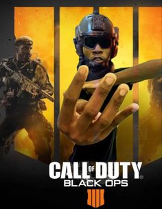 the call of duty logo with a man holding a knife in front of him and an orange background