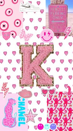 the letter k is surrounded by pink hearts and other decorative items, including an animal - themed