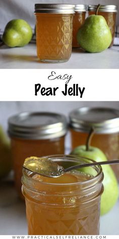 two jars filled with pear jelly next to green apples