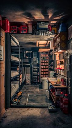 the inside of a storage room with many items on shelves and other things in it