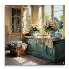 a painting of flowers in vases on a window sill next to a kitchen sink