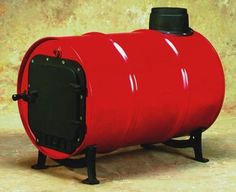 a red barrel sitting on top of a black stand