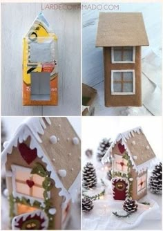 four different pictures of gingerbread houses in the snow