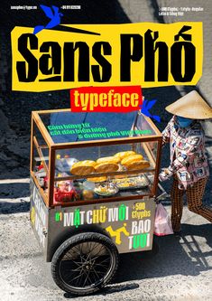 an advertisement for sans pho typeface with a man pushing a cart full of food