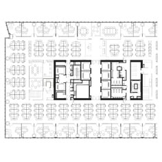 the floor plan for an office building with multiple tables and chairs, all in black and white