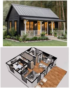 two pictures of small houses with porches and living room in the middle, one has a