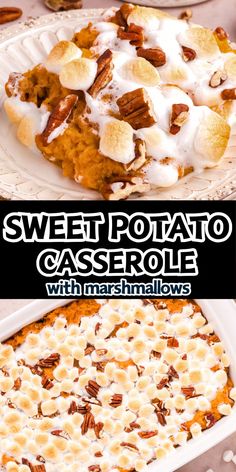 Sweet potato casserole served on a white plate. Sweet Potato Casserole Marshmallows And Pecans, Simple Sweet Potato Casserole With Marshmallows, Sweet Potato Casserole With Marshmallows And Maple Syrup, Sweet Potato’s Casserole, Sweet Potato Delight, Mashed Sweet Potato With Marshmallows, Cast Iron Skillet Sweet Potatoes, Ultimate Sweet Potato Casserole, Sweet Potato Casserole Using Fresh Sweet Potatoes