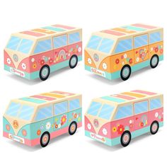 four cardboard vehicles with flowers on them are shown in three different colors and shapes, one is pink, the other is blue