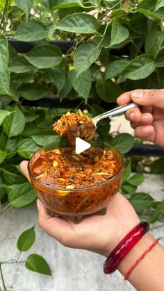 a person holding a bowl of food with a spoon in it and another hand reaching out to the bowl