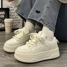 Platform Lace-Up Sneakers Size 35 36 37 38 39 40 Heel Height 1-3 1-3 1-3 1-3 1-3 1-3 measurement is cm.Product Information Material: Upper: PUOutsole: Rubber Color: Off-White Cute Footwear, Skateboard Vintage, Women Platform Sneakers, Autumn Pattern, Platform Flats, Vintage School, Clogs Shoes, Platform Sneakers, White Casual