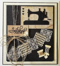 a card with sewing related items on it, including a sewing machine and some twine