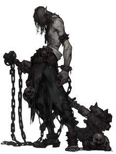 a demonic looking man with chains around his neck and hands, holding a knife in one hand