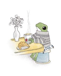 an illustration of a turtle sitting at a table with coffee and croissants