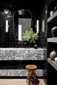 moody bathroom designmoody bathroom design Moody Bathroom Design, Moody Powder Room, Moody Bathroom, Patterned Bathroom Tiles, Bathroom Big, Zellige Tile, Marble Bathroom, Handmade Tiles, Black Bathroom