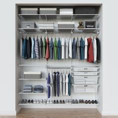 an organized closet with clothes and shoes