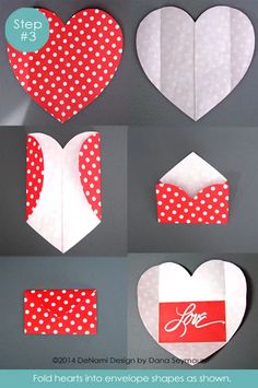 the instructions for how to make heart shaped envelopes with paper and polka dotty