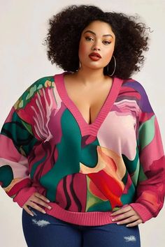 Pulls quotidiens de grande taille pull de noël laid col en V imprimé partout pulls tricotés à manches longues Party Outfit Plus Size, Plus Size Fall Outfit, Plus Size Fall Fashion, Look Plus Size, Effortless Outfit, Plus Size Fall, Outfit Jeans, Date Night Outfits, Long Sleeve Knit Sweaters