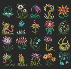 the cross stitch pattern shows different types of flowers and plants, including one with long stems