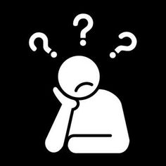 a person with question marks above their head on a black and white background, which appears to be thinking