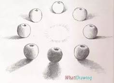 an apple drawing is shown in the middle of it's image, surrounded by eight apples