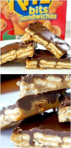 chocolate and peanut butter bars stacked on top of each other