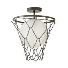 a light fixture with chains hanging from it's center point and a white glass ball in the middle