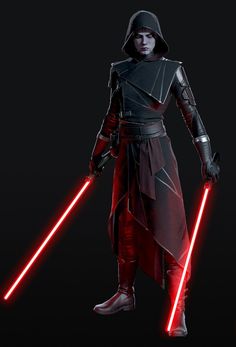 a star wars character holding two lightsabes