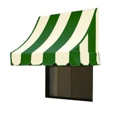 a green and white striped awning on the side of a building