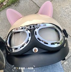 a cat helmet with goggles on the back of it's head and ears