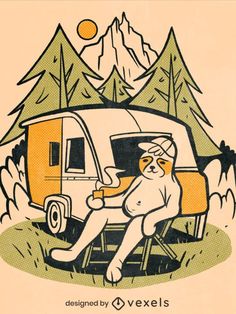 a drawing of a person sitting on a chair in front of a camper