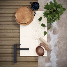 an overhead view of a cutting board and bowls