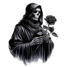 a drawing of a skeleton holding a rose in his hand and wearing a hooded robe