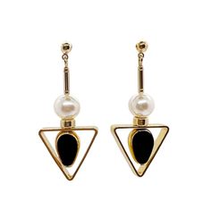 Gold & Pearl Earrings - These earrings are lightweight composed of black vintage German glass beads that were hand-pressed between during the period between the 1920s and 1960s, edged with 24k gold. It is complimented by freshwater pearls. The metal frames are 24k gold-plated over brass and have been coated for anti-tarnish. The metal beads and earring post are gold-filled.  Each piece will vary slightly. Gold Art Deco Earrings, Pearls Earrings, Gold Pearl Earrings, Art Deco Earrings, Black White Gold, Gold Brass, Brass Metal, Gold Pearl, Ear Studs