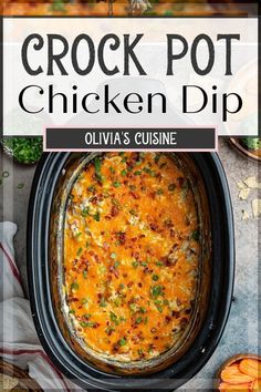 the crock pot chicken dip recipe in an oval casserole dish with text overlay