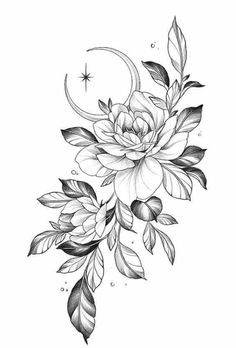 a black and white drawing of flowers with leaves on the bottom half of their petals