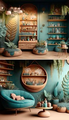 two pictures of plants and furniture in a room with blue walls, one is green and the other is brown