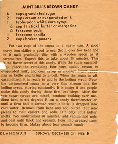 an old recipe book with instructions on how to make brown candy